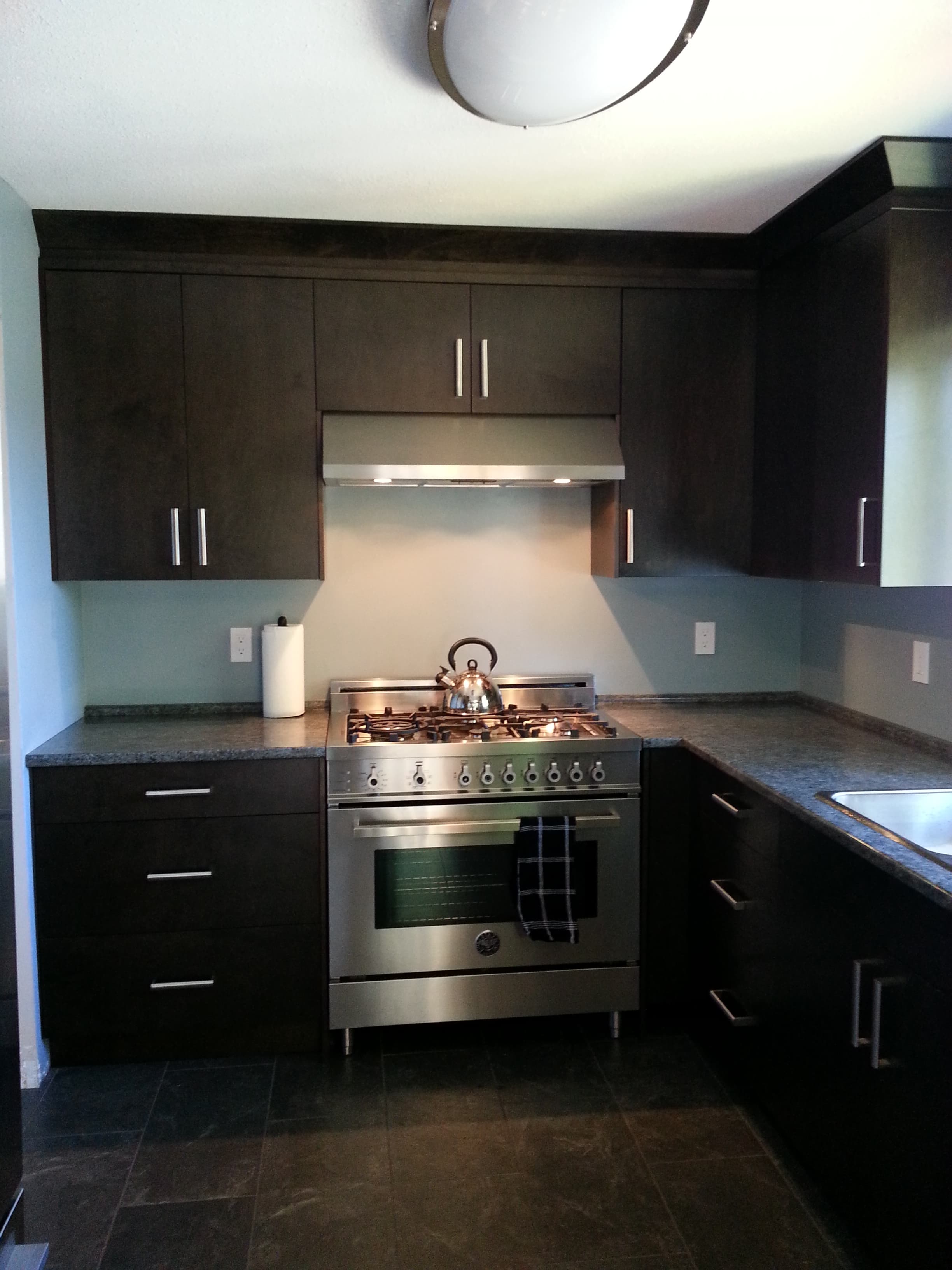 Renovated kitchen with dark cupboards, long drawer handles, a gas cooker, metal hood, and dark floor tiles