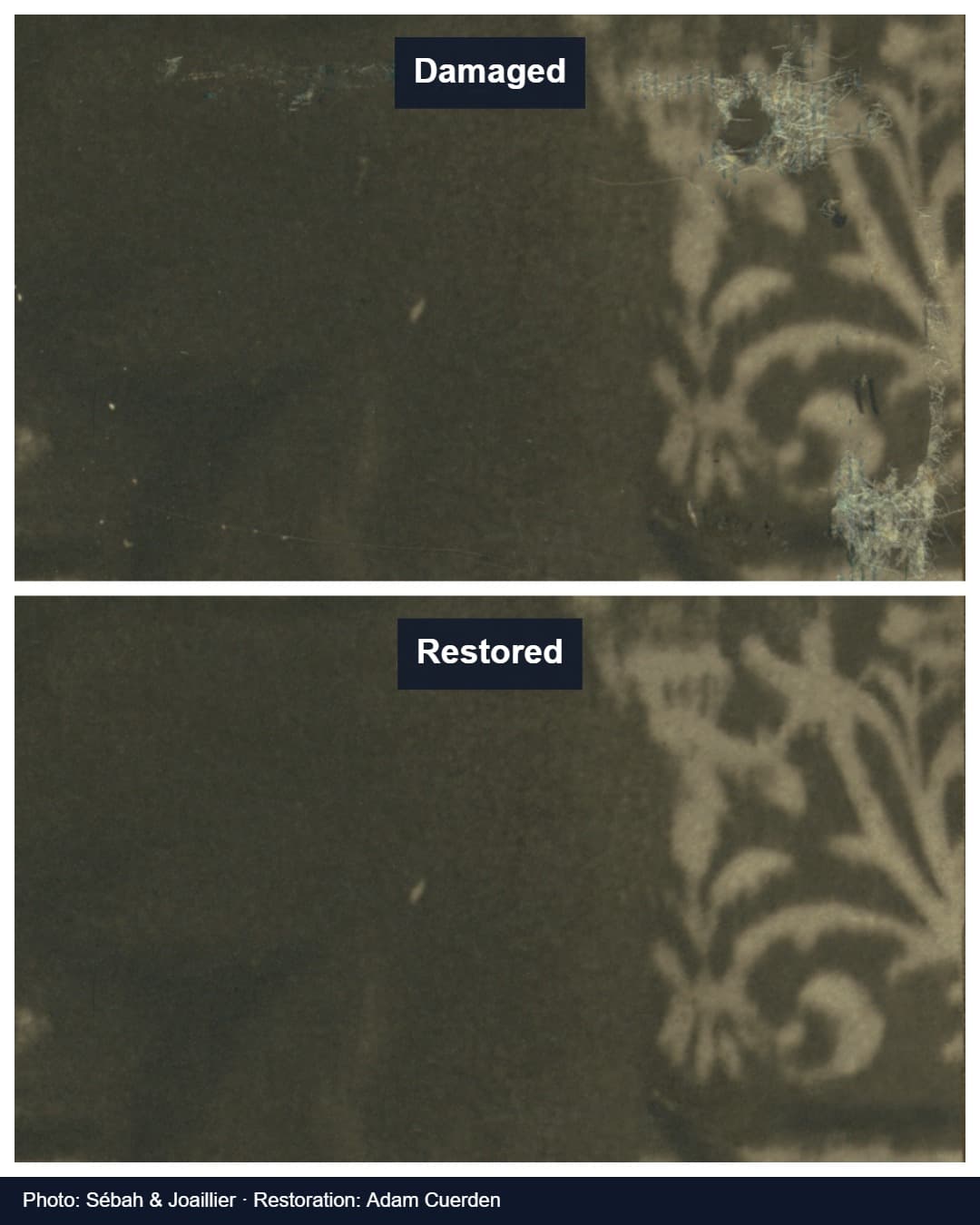 Portrait before and after image: a damaged old photograph above its restored version, labelled Damaged and Restored